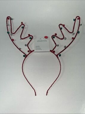 Claire's Red Holiday Reindeer Antler Headband with Green and Silver Beads
